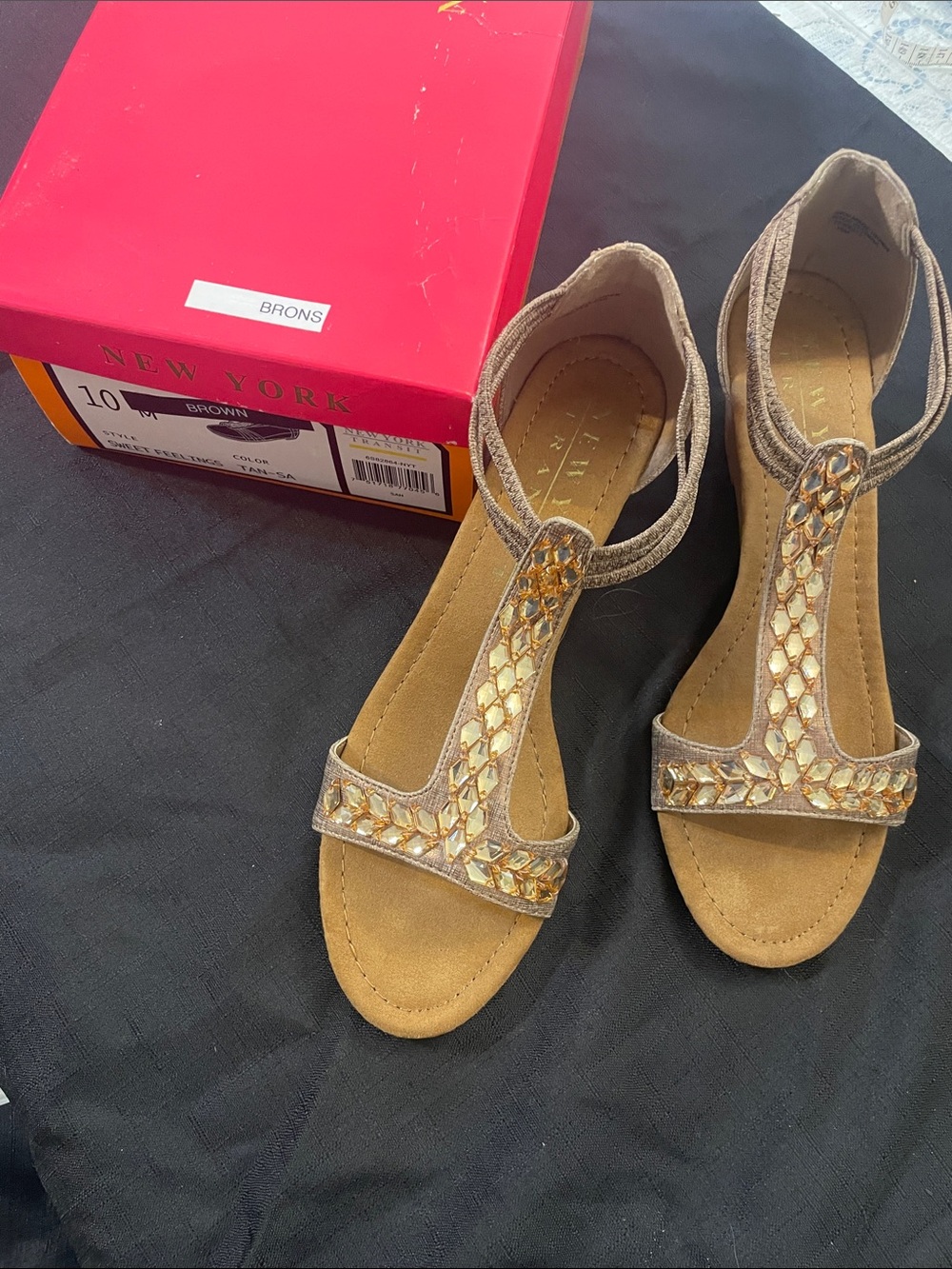 New York Transit Taupe Jeweled T-Strap Sandals